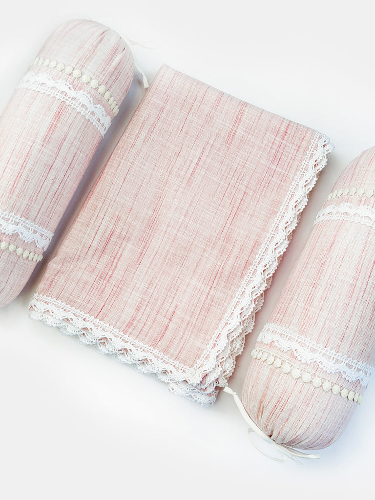 Washed Organic Cotton Newborn Baby Peach Blanket and Bolster Set