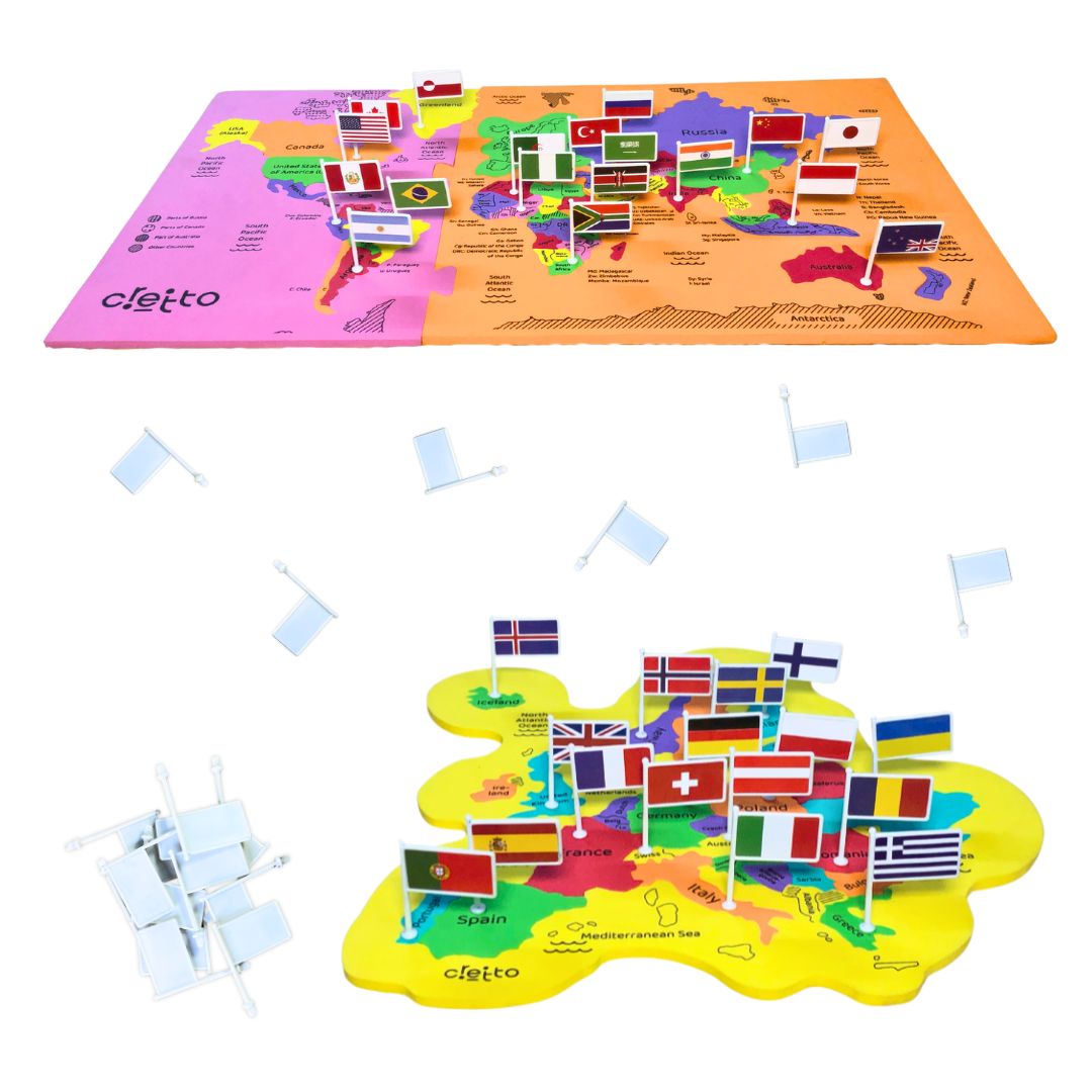 World & Europe Map Puzzle with Capitals & Flags of Countries – Cretto