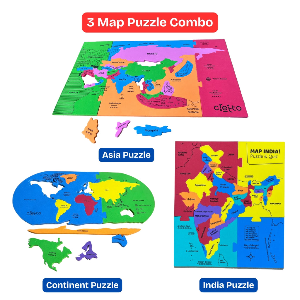 India, Asia & Continent Map Puzzle Combo