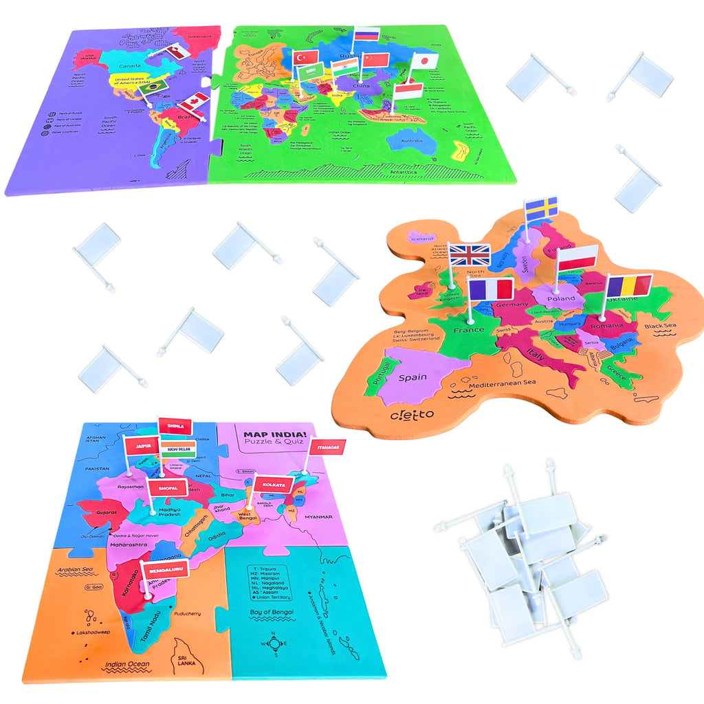 India, World & Europe Map Puzzle with Capitals - Learn Capitals and Country Flags (Get Continent Map Puzzle worth Rs 149 FREE!)