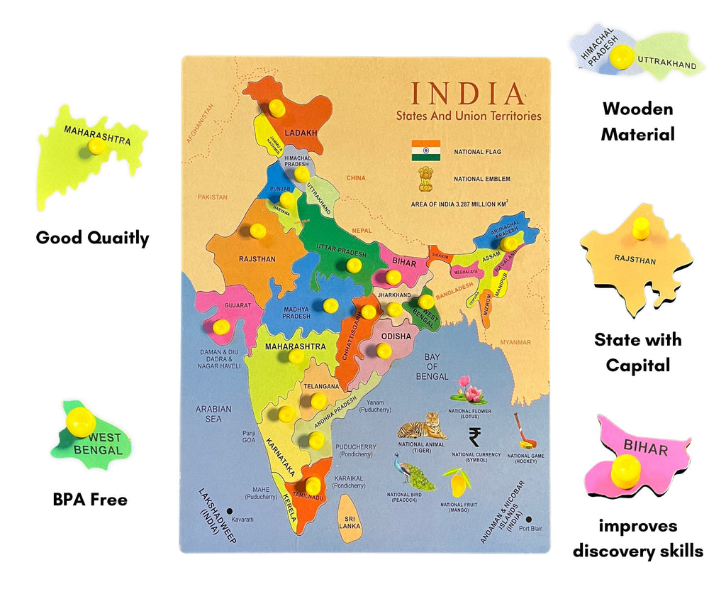 India Map Wooden Knob Jigsaw Puzzle for Kids - Learn Indian States, Capitals & Union Territories with Fun