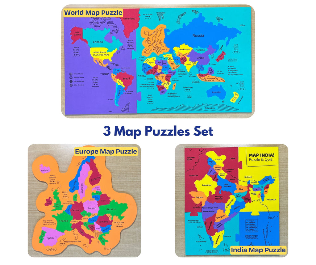 3 in 1 Puzzle Combo with World, Europe & India Map Puzzle