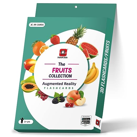 HoloKitab Augmented Reality Fruits Flashcards Kit: 20 Laminated Cards with Real Illustrations for Early Learning Development