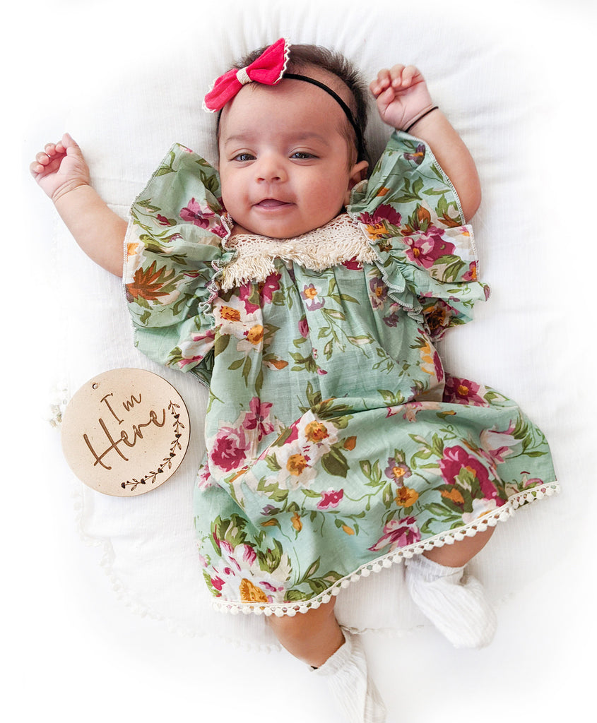Halemons Victoria Green Floral Dress Set, Pleated Frilly Cotton Baby Dress - Green