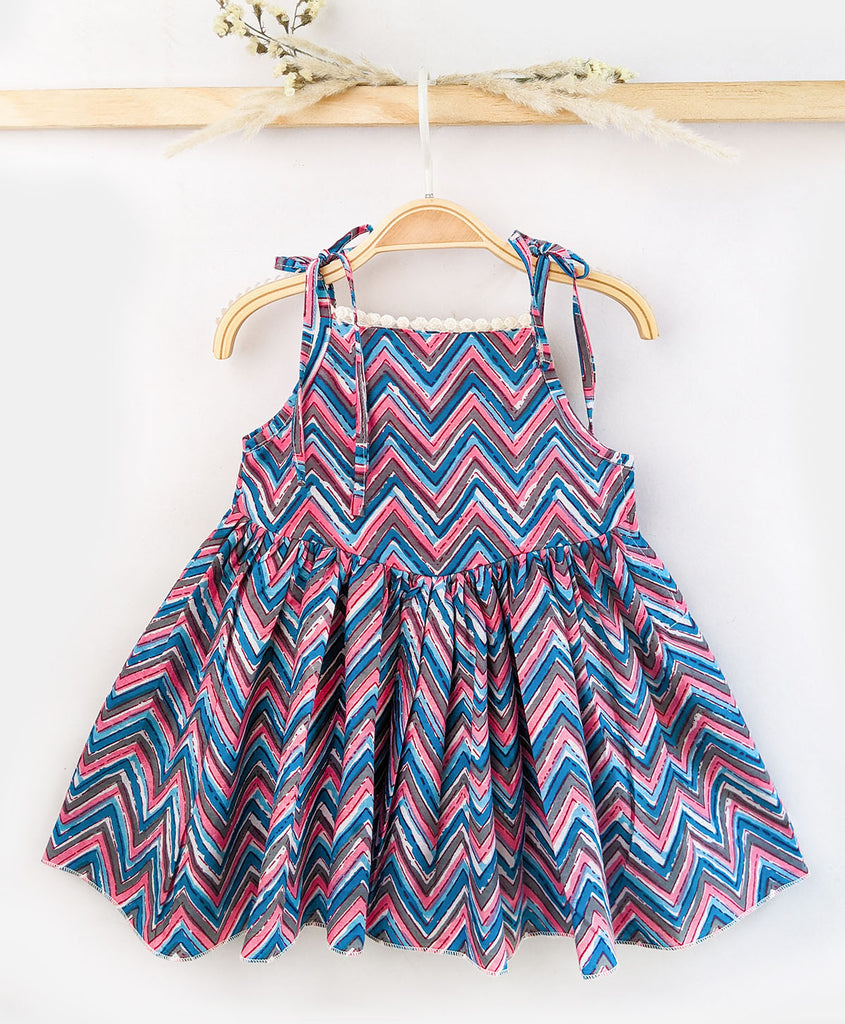 Halemons Blue Zigzag Cotton Dress Set, Adjustable Strap Baby Dress - Blue