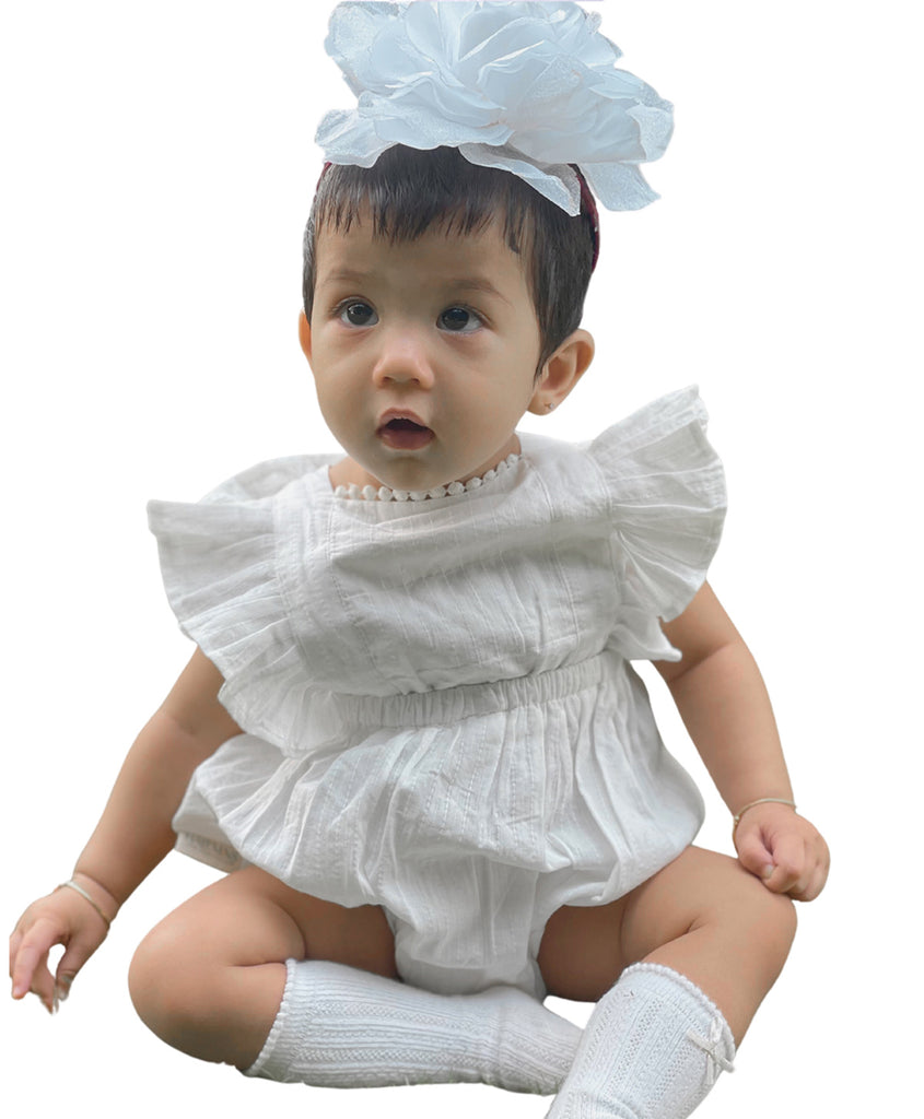 Halemons Kantha Cotton Frilled Romper for Baby Girl with Elastic Waist, Diaper Opening & Back Straps - White