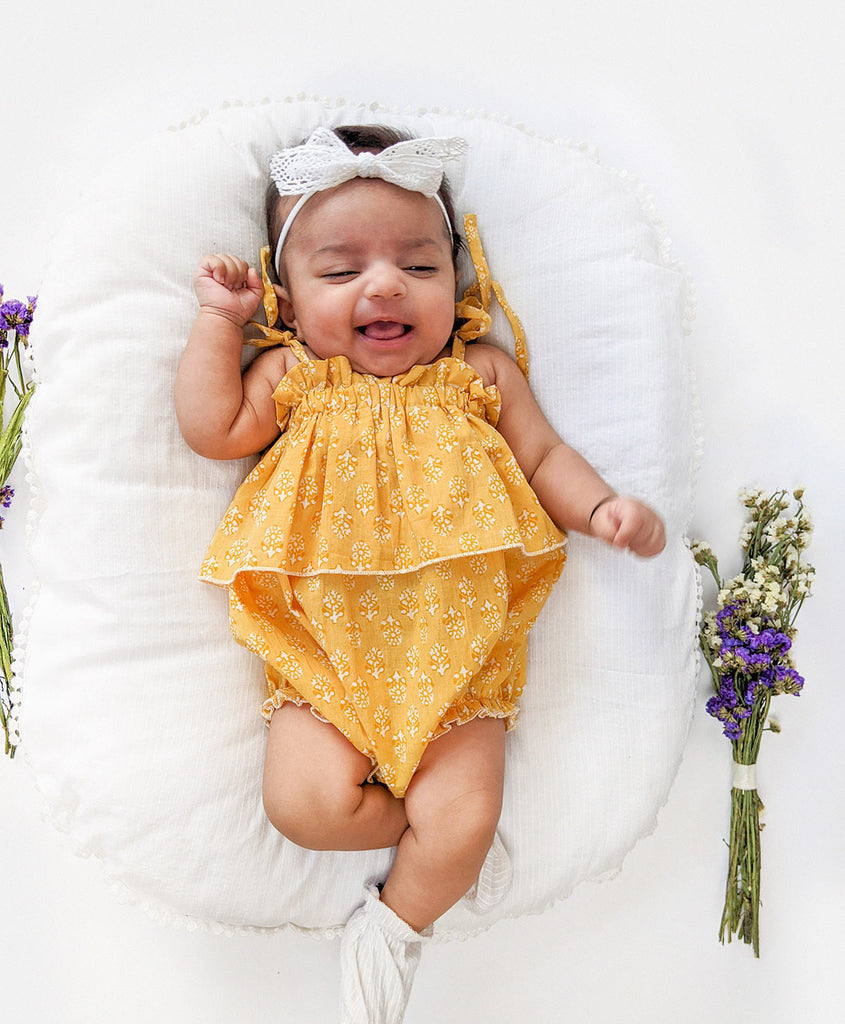 Halemons Amber Cotton Baby Romper, Gathered Bodice, Daily Wear - Mustard