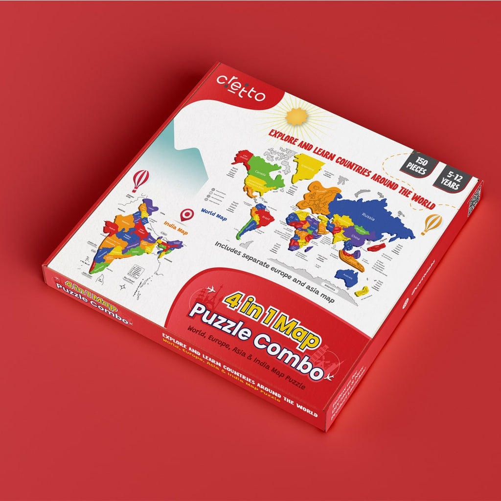4 in 1 World Map, Asia Map, Europe Map & India Map Puzzle Combo