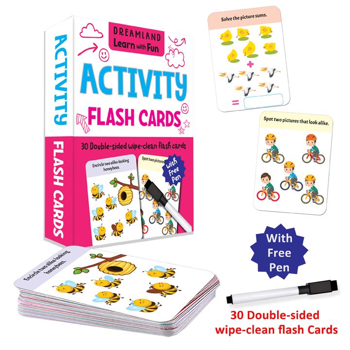 Flash Cards Activity - 30 Double Sided Wipe Clean Flash Cards for Kids (With Free Pen)