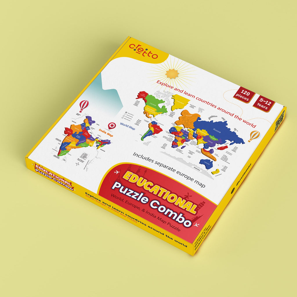 4 in 1 Combo with World, Europe & India Map Puzzle(Continent Map Puzzle FREE!)