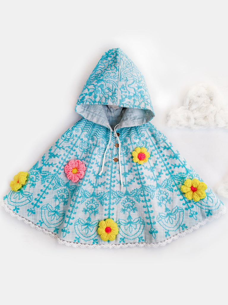 Halemons Sky Spring Woolen Flower Baby Girl Hoodie Poncho - Stylish Comfort - Sky