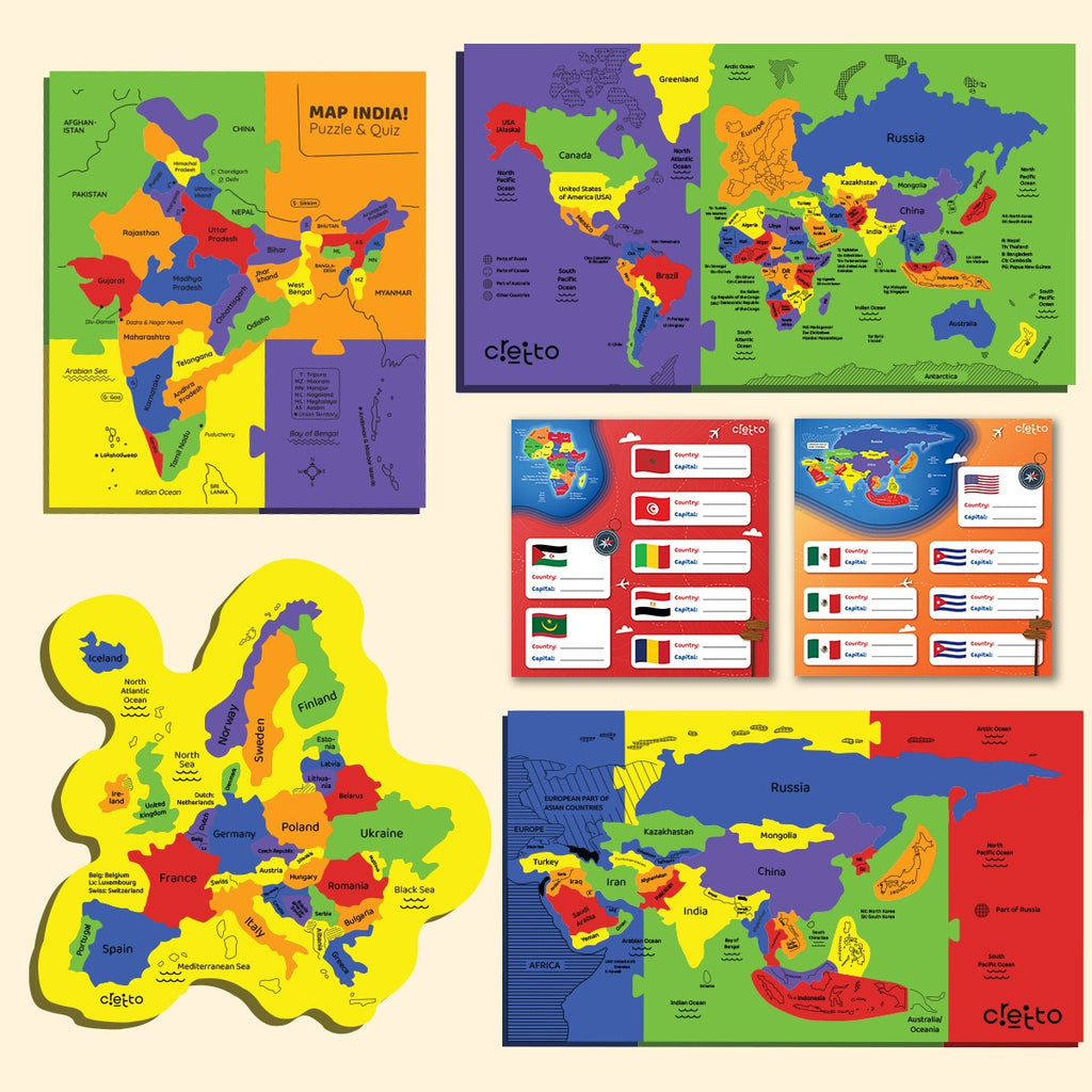 World Map, Europe Map, Asia Map & India Map Puzzle with reusable Quiz Sheets