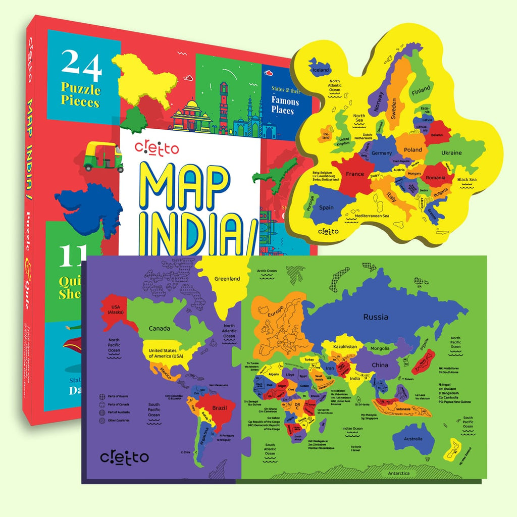 World Map + Europe Map + India Map with 11 Self Mastery Interactive Quiz Sheets