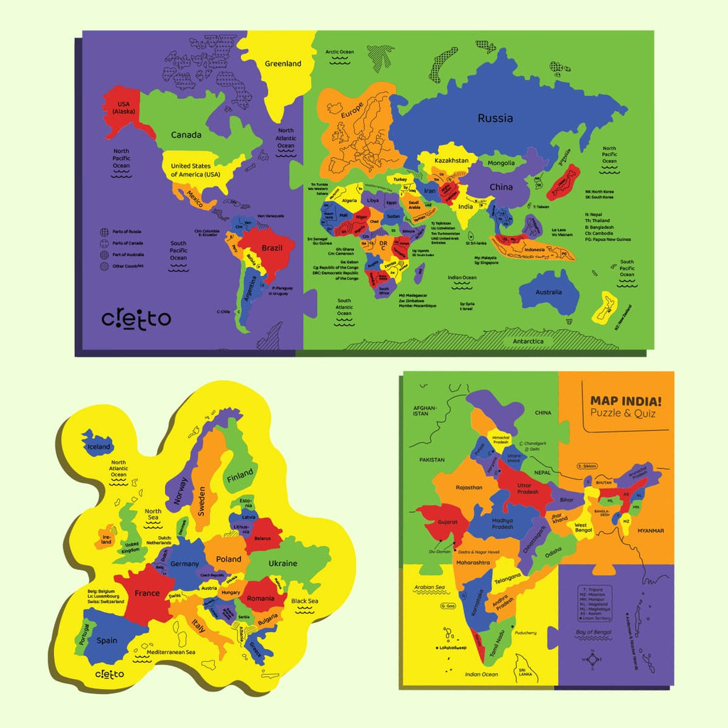 World Map, Europe Map & India Map Puzzle Combo